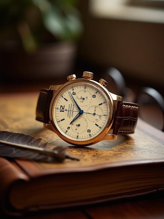 Product shot of The Heritage Chronograph on a vintage leather-bound book.